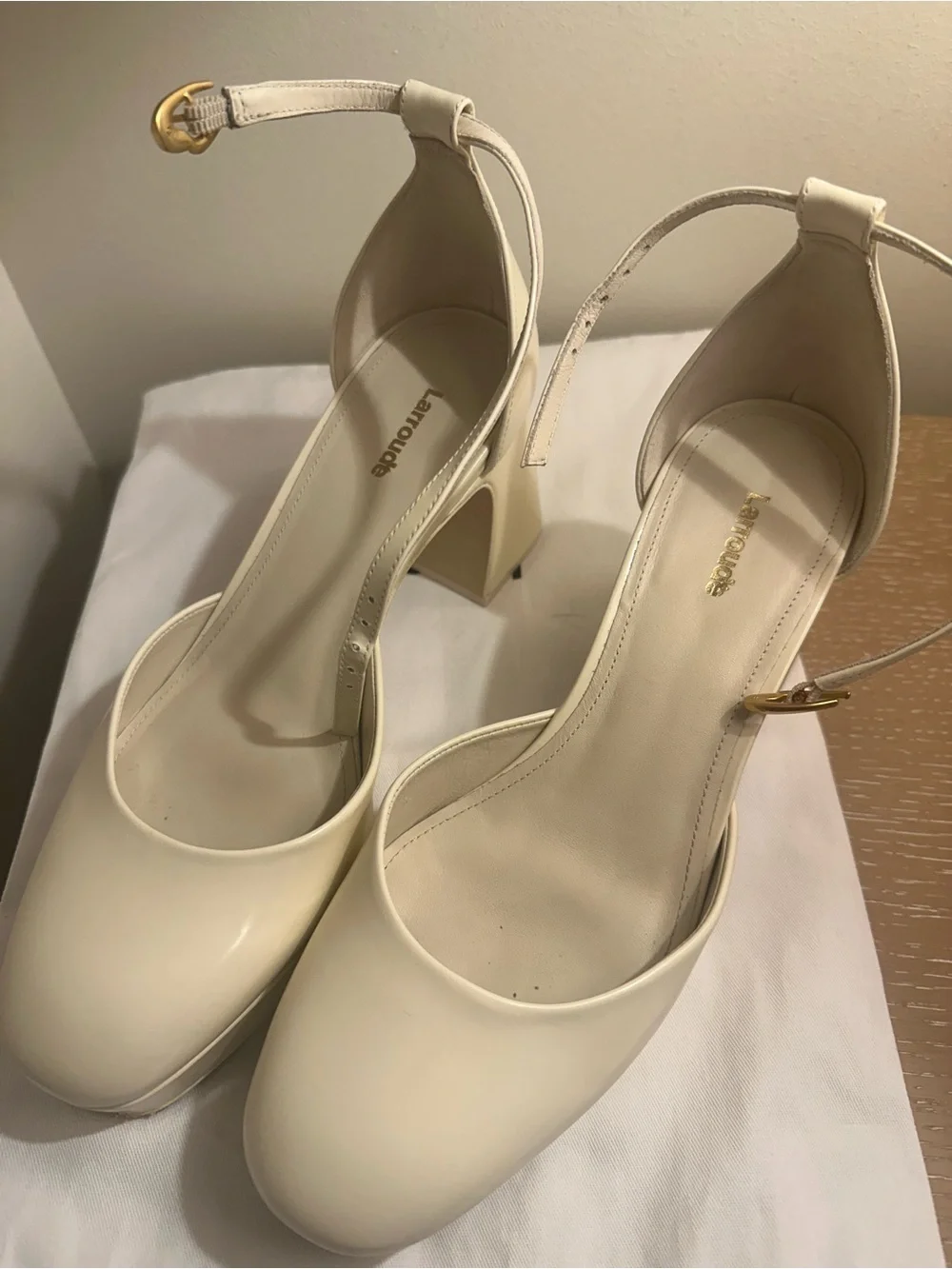 Larroude Cream Ankle-Strap Platform Block Heels